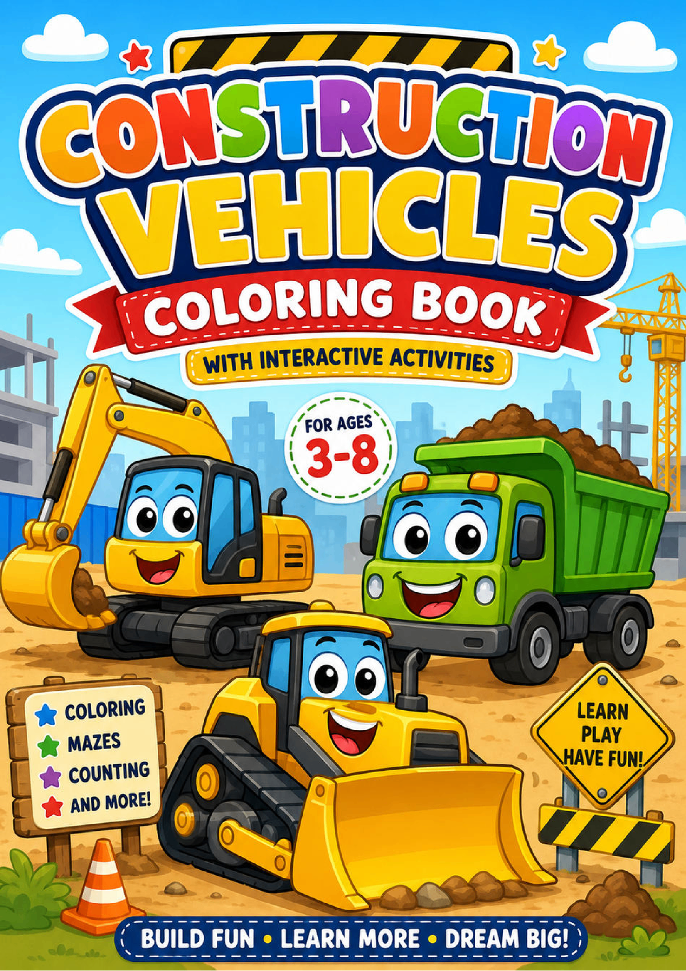 Construction Vehicles Coloring Book with Interactive Activities book cover